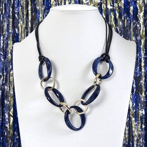 Navy PVC w/ Gold Round Link Accents Statement Necklace